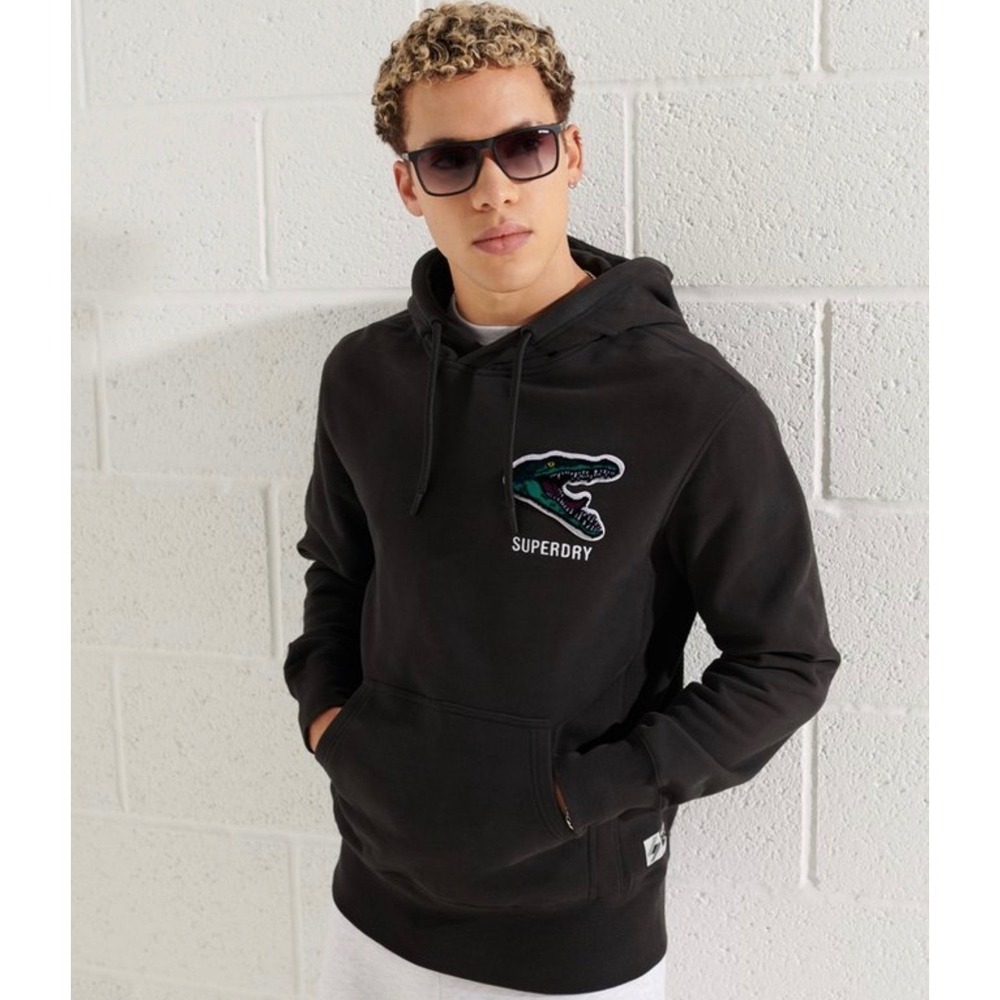 Superdry Mens Hoodie Small Black Crocodile Patch Skater Grunge Sweatshirt